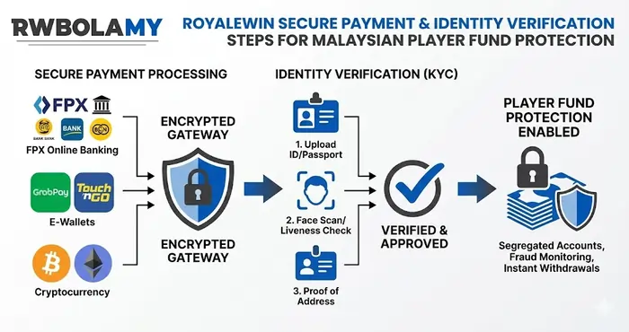 Royalewin secure payment processing and identity verification steps for Malaysian player fund protection.