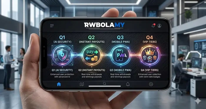 A realistic digital dashboard illustrating the Royalewin 2026 roadmap features including AI-based fraud detection and instant DuitNow withdrawal processing.