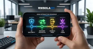 A realistic, wide-angle digital dashboard showing an interactive Royalewin 2026 roadmap Malaysia timeline on a mobile phone