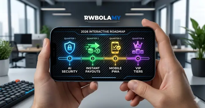 A realistic, wide-angle digital dashboard showing an interactive Royalewin 2026 roadmap Malaysia timeline on a mobile phone