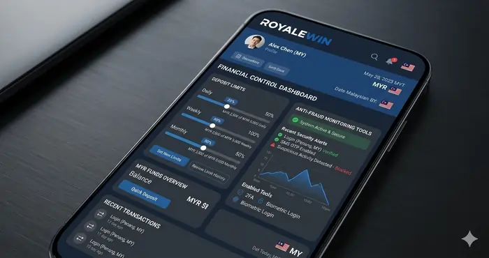 Royalewin secure financial control dashboard for Malaysian players featuring deposit limits and anti-fraud monitoring tools.