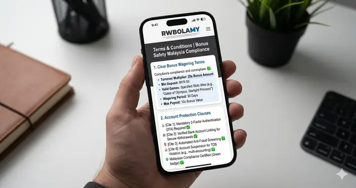 A mobile interface highlighting clear bonus wagering terms and account protection clauses for Royalewin T and C safety Malaysia compliance.