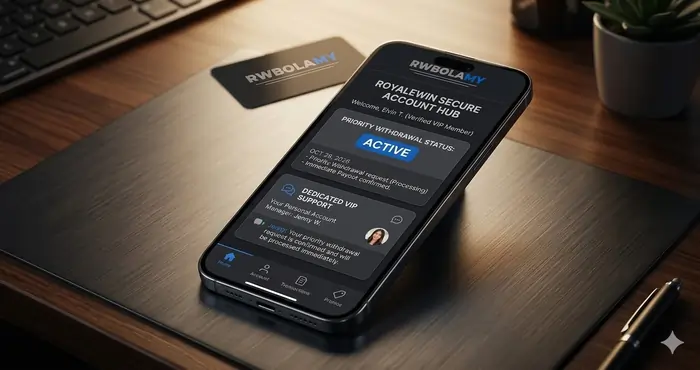 A secure account interface showing a Royalewin VIP member receiving personalized support and priority withdrawal status to illustrate program trust.