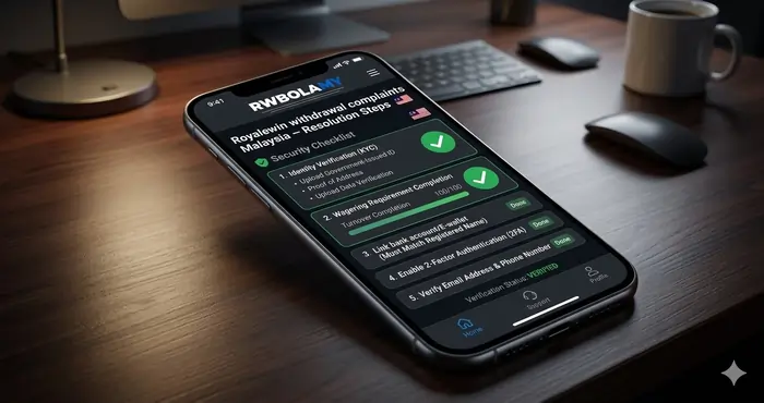 A security checklist on a smartphone screen highlighting the Royalewin withdrawal complaints Malaysia resolution steps like KYC and wagering completion.