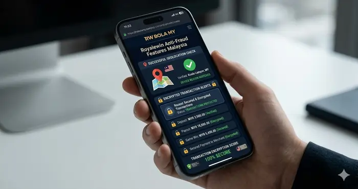 A secure mobile view of the Royalewin anti-fraud features Malaysia interface showing successful geolocation checks and encrypted transaction alerts.