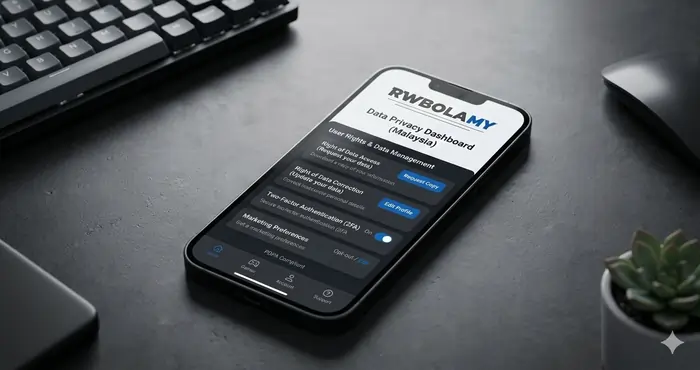 A secure mobile dashboard displaying Royalewin data privacy Malaysia settings with user rights for data access and correction.