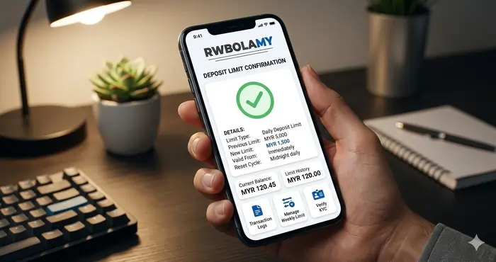 A professional digital dashboard showing a successful deposit limit confirmation on a mobile device to illustrate Royalewin deposit limits Malaysia features.