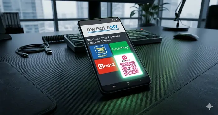 A cinematic digital dashboard of the Royalewin 2026 payment system interface featuring local Malaysian e-wallet integrations and DuitNow QR.
