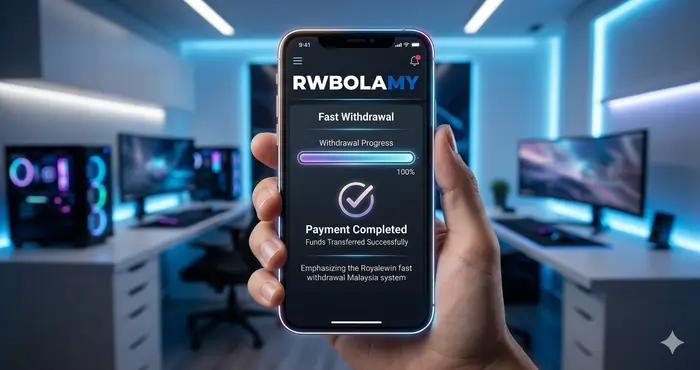 A realistic mobile dashboard showing a successful 5-minute withdrawal status for Royalewin payment system 2026 Malaysia with instant settlement.