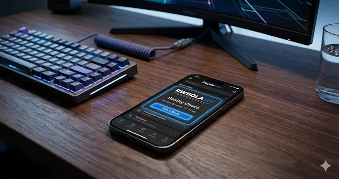 A mobile phone screen showing a Royalewin safe gaming tools 2026 reality check notification to help Malaysian players manage their session time.