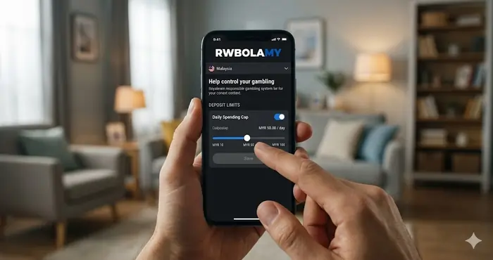 A close-up of a user adjusting Royalewin deposit limits Malaysia on a mobile dashboard to manage spending and ensure player safety. Royalewin responsible gaming features 2026 Malaysia