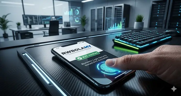 A realistic close-up of biometric fingerprint authentication on a mobile interface illustrating Royalewin security features 2026 for Malaysian players.