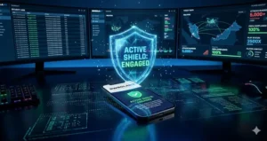 A futuristic 3D security shield floating over a smartphone showing the Royalewin security upgrades 2026 Malaysia and advanced encryption systems.