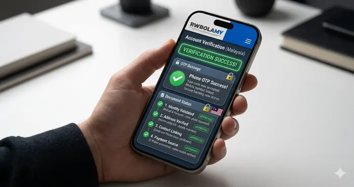 A secure mobile interface showing the Royalewin verification process Malaysia dashboard with document status and OTP success message.