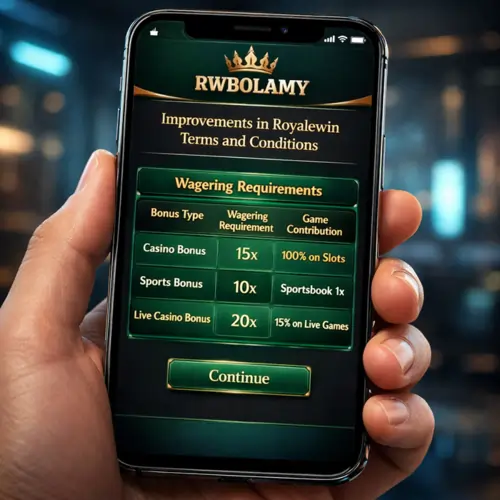 Vibrant mobile interface showing 7 improvements in Royalewin terms and conditions with transparent wagering requirement tables for 2026.