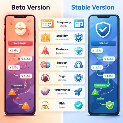 Beta vs. Stable Version History, beta vs stable version, Royalewin app version history, early access builds Royalewin