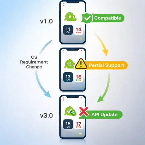 Compatibility Changes Across Versions, compatibility changes, Android iOS minimum requirements, Royalewin mobile app version history